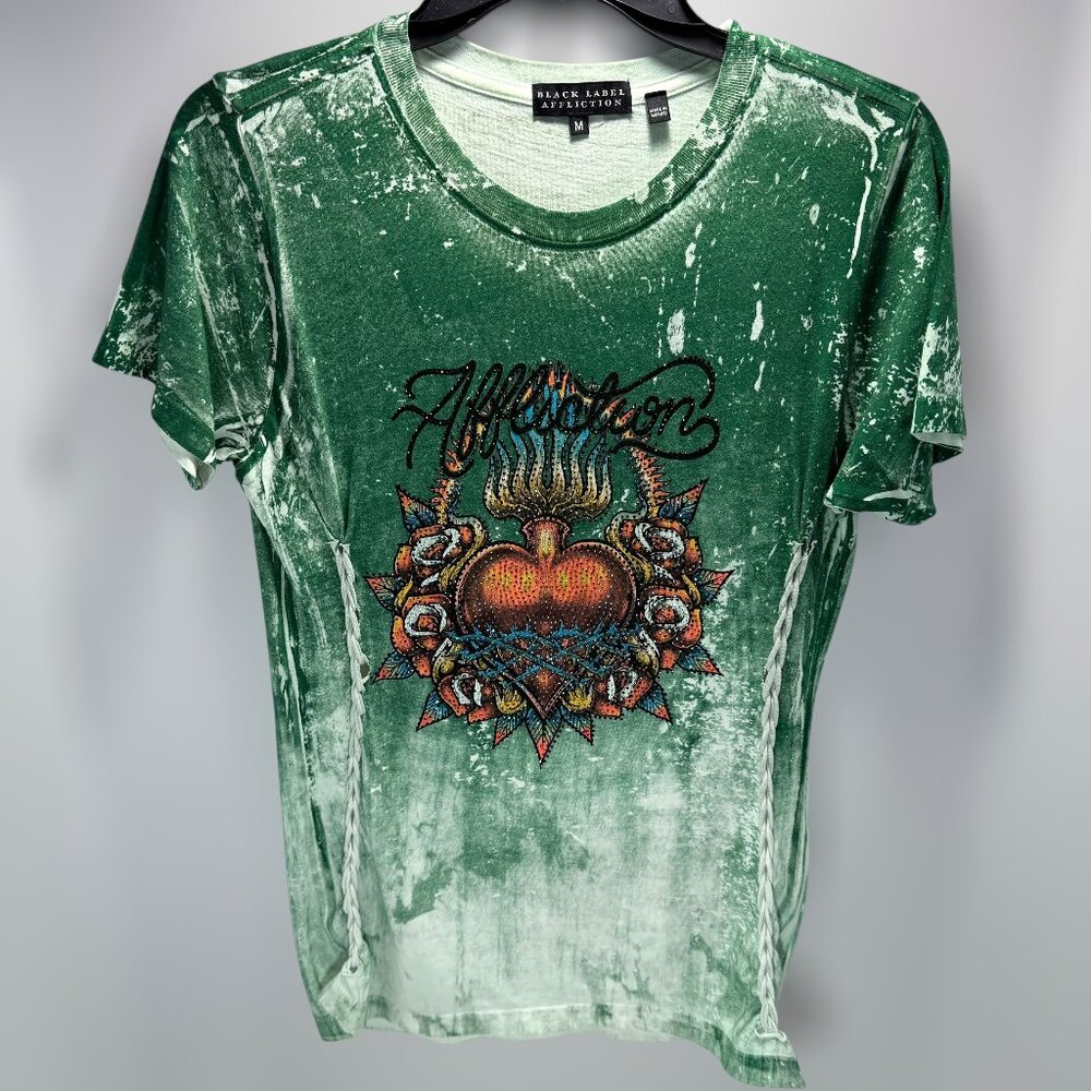 Affliction Black Label Green Burnout Heart & Skull Rhinestone Tee